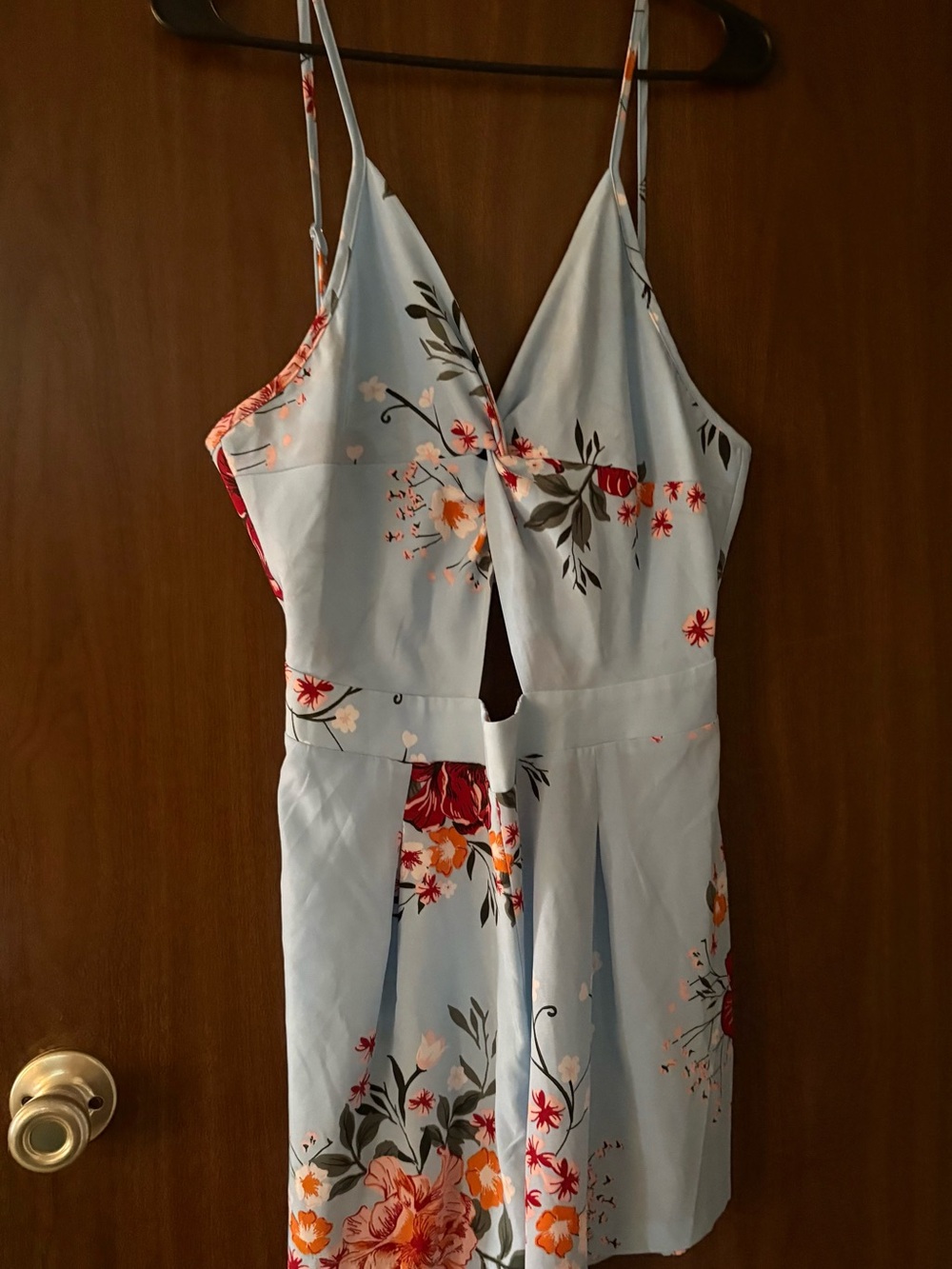 SHEIN Light Blue Floral Spaghetti-Strap Cutout Jumpsuit